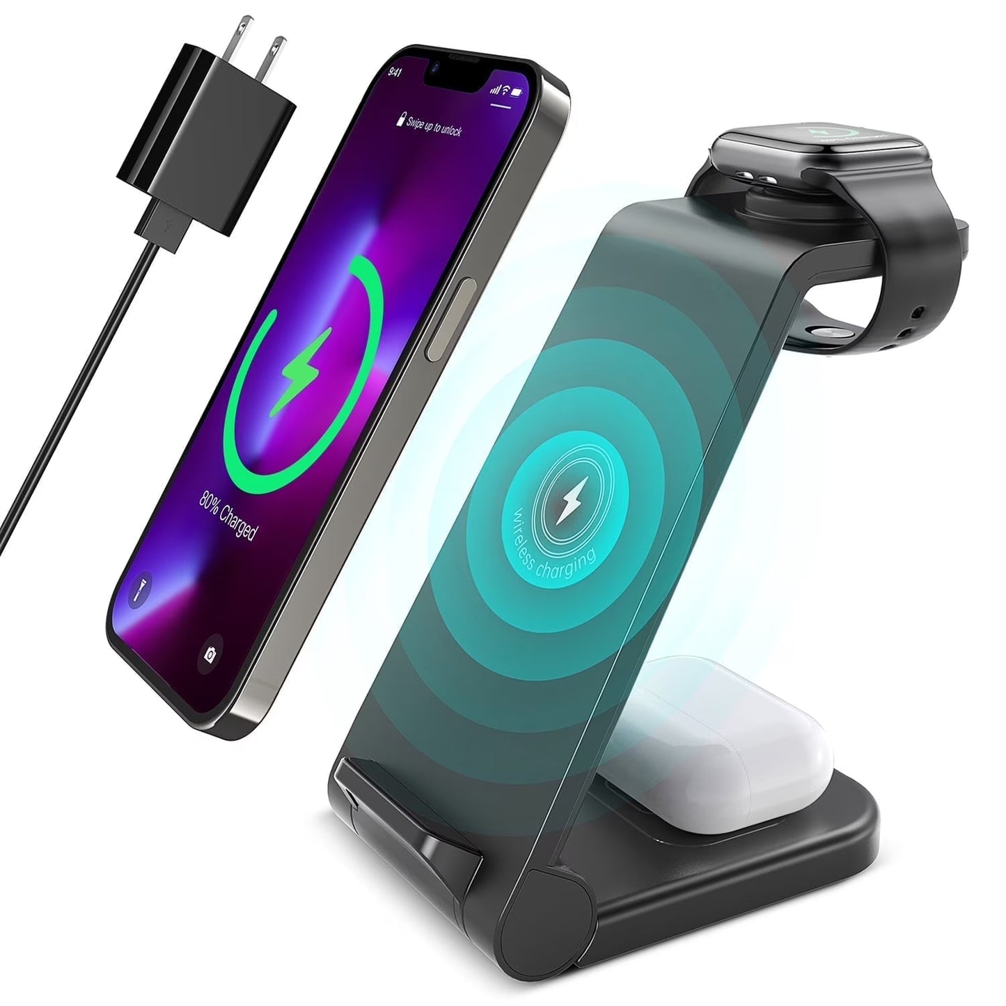 3-in-1 Wireless Charging Station for iPhone, AirPods, and Apple Watch - 23W Fast Charger Compatible with iPhone 17/16E/15/14/13/12/11 Pro Max, AirPods 4/3/2/Pro, Apple Watch Series 2-11, and Samsung Devices
