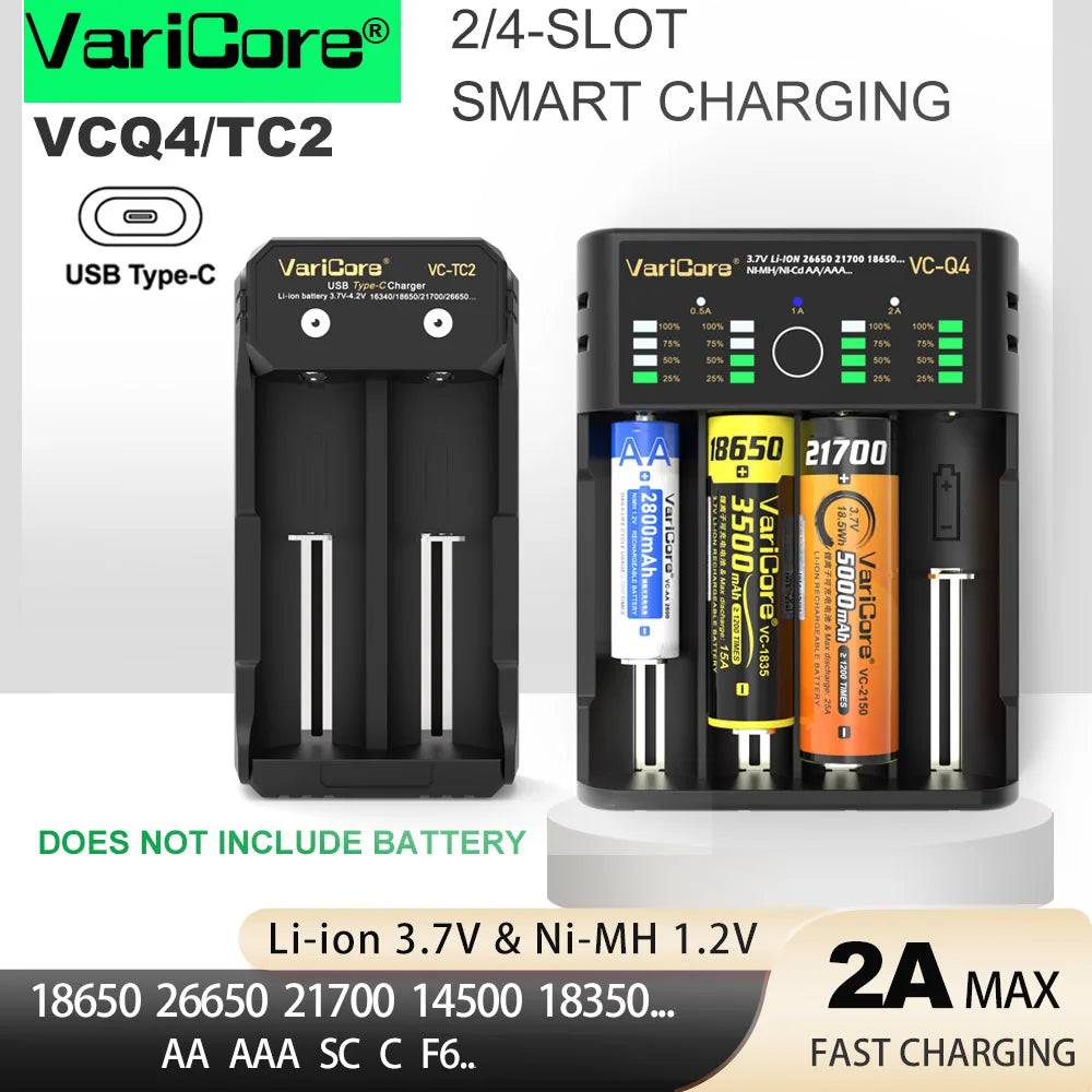 VCQ4 TC2 R4 Advanced Portable Intelligent Battery Charger for 3.7V Lithium 18650, 26650, 21700, 18500, 18350 and 1.2V Ni-MH, Ni-Cd AA, AAA Batteries