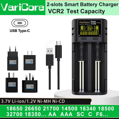VCQ4 TC2 R4 Advanced Portable Intelligent Battery Charger for 3.7V Lithium 18650, 26650, 21700, 18500, 18350 and 1.2V Ni-MH, Ni-Cd AA, AAA Batteries