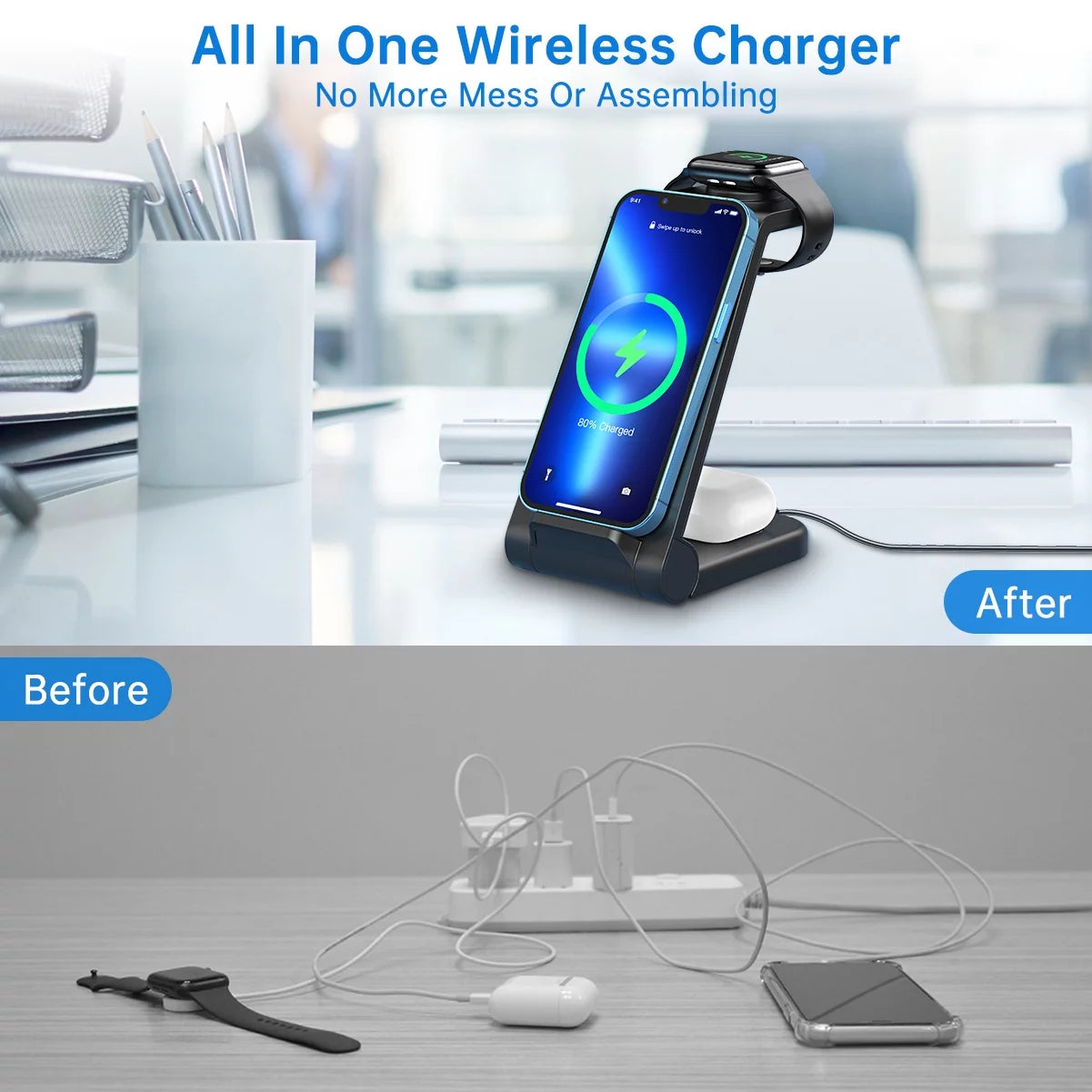 3-in-1 Wireless Charging Station for iPhone, AirPods, and Apple Watch - 23W Fast Charger Compatible with iPhone 17/16E/15/14/13/12/11 Pro Max, AirPods 4/3/2/Pro, Apple Watch Series 2-11, and Samsung Devices