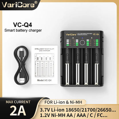 VCQ4 TC2 R4 Advanced Portable Intelligent Battery Charger for 3.7V Lithium 18650, 26650, 21700, 18500, 18350 and 1.2V Ni-MH, Ni-Cd AA, AAA Batteries