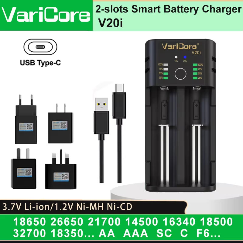 VCQ4 TC2 R4 Advanced Portable Intelligent Battery Charger for 3.7V Lithium 18650, 26650, 21700, 18500, 18350 and 1.2V Ni-MH, Ni-Cd AA, AAA Batteries