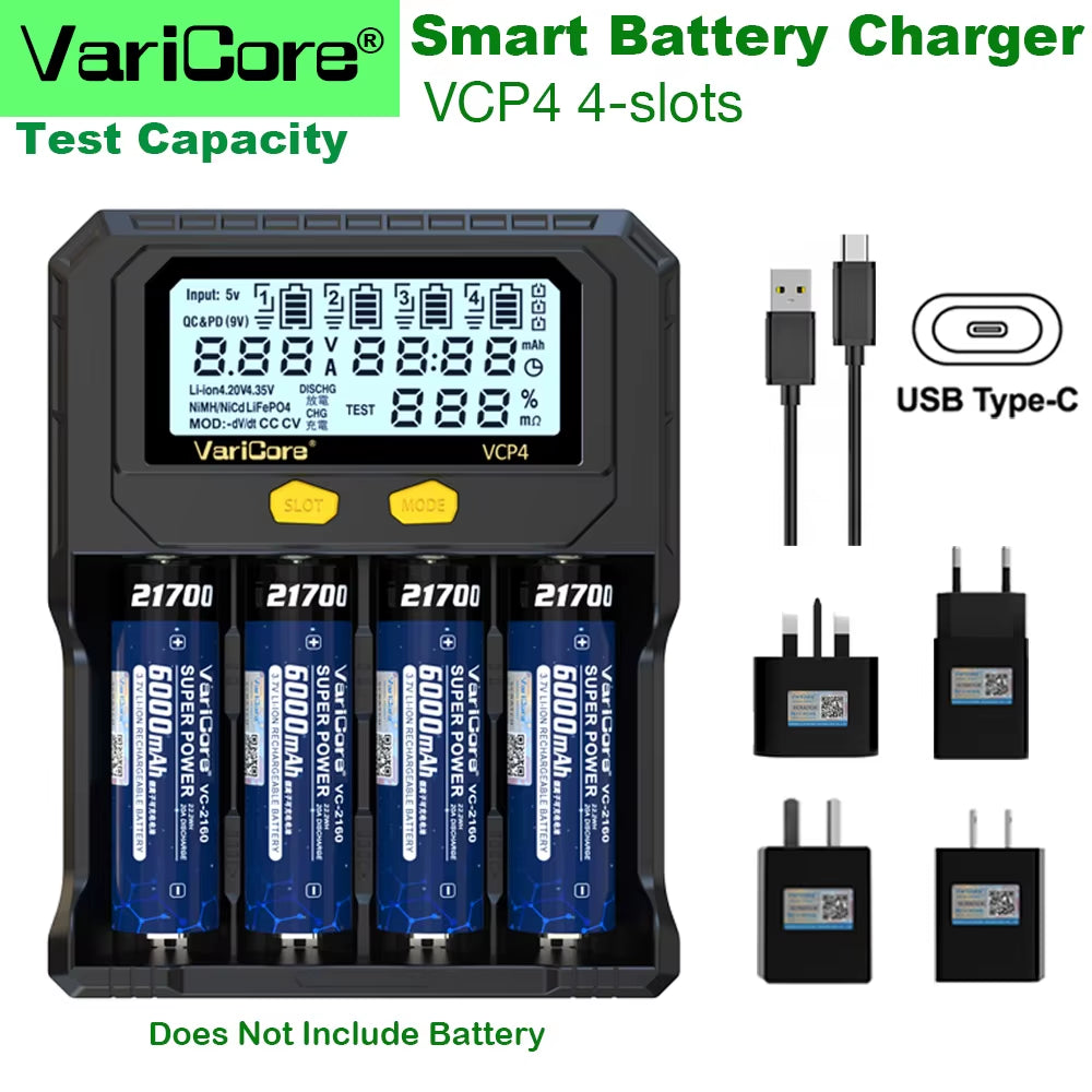 VCQ4 TC2 R4 Advanced Portable Intelligent Battery Charger for 3.7V Lithium 18650, 26650, 21700, 18500, 18350 and 1.2V Ni-MH, Ni-Cd AA, AAA Batteries