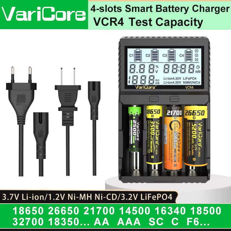 VCQ4 TC2 R4 Advanced Portable Intelligent Battery Charger for 3.7V Lithium 18650, 26650, 21700, 18500, 18350 and 1.2V Ni-MH, Ni-Cd AA, AAA Batteries