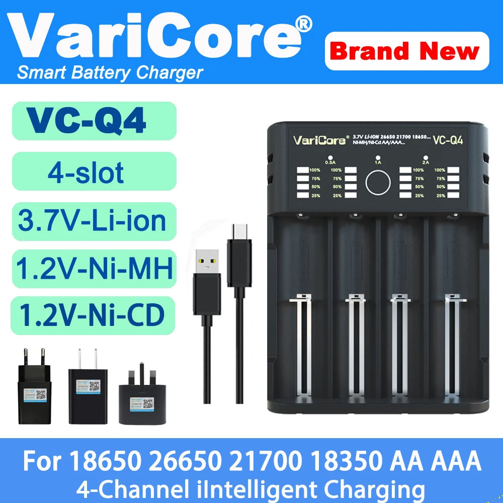 VCQ4 TC2 R4 Advanced Portable Intelligent Battery Charger for 3.7V Lithium 18650, 26650, 21700, 18500, 18350 and 1.2V Ni-MH, Ni-Cd AA, AAA Batteries